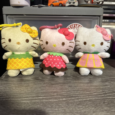 Hello Kitty 4'' Plush Clip Yellow Pineapple, Pink Lemonade, Strawberry Dress