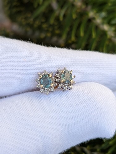 9ct Yellow Gold Brazilian Alexandrite And Diamond Halo Earrings Studs - Picture 5 of 14