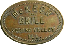 Spring Valley Illinois,  McKeon Grill Good For 25¢ Trade Token (01722)