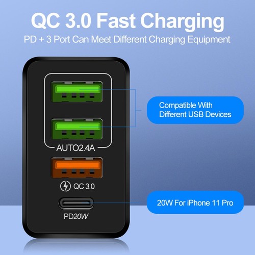 New 4-Port 36W QC 3.0 USB Fast Quick Charge PD USB-C Hub Charger Adapter Plug b - Picture 5 of 7