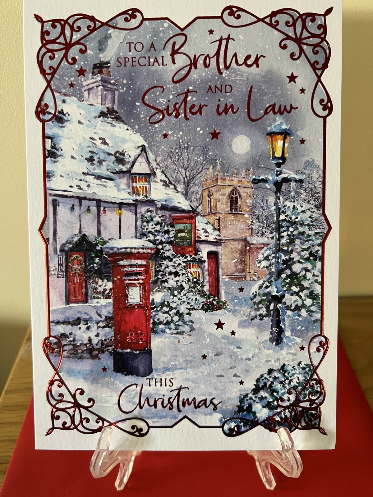 Christmas Card Brother & Sister-In-Law - Foil Finish Cherry Orchard 5.6"" x 8.2""