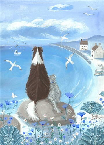 Beach Dogs - Art Blank Greeting / Birthday Card - Sheepdog Dog Bay Sea Coast