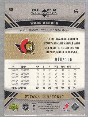 * 2006-07 UD Black Diamond - Ruby #58 WADE REDDEN (018/100) Ottawa Senators - Picture 2 of 2