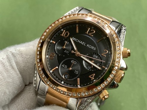 Michael Kors MK6093 Chrono Black Dial Crystals Two-Tone Band Womens Quartz Watch - Picture 5 of 19
