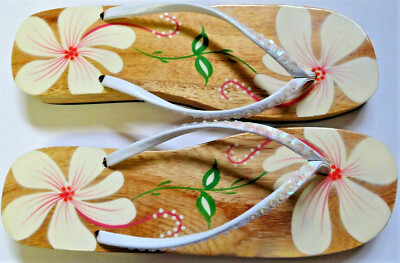 Flip Flop Holz Schuhe Sandalen Zehentrenner Strand Pool Schlappen, Blumen,Hawaii