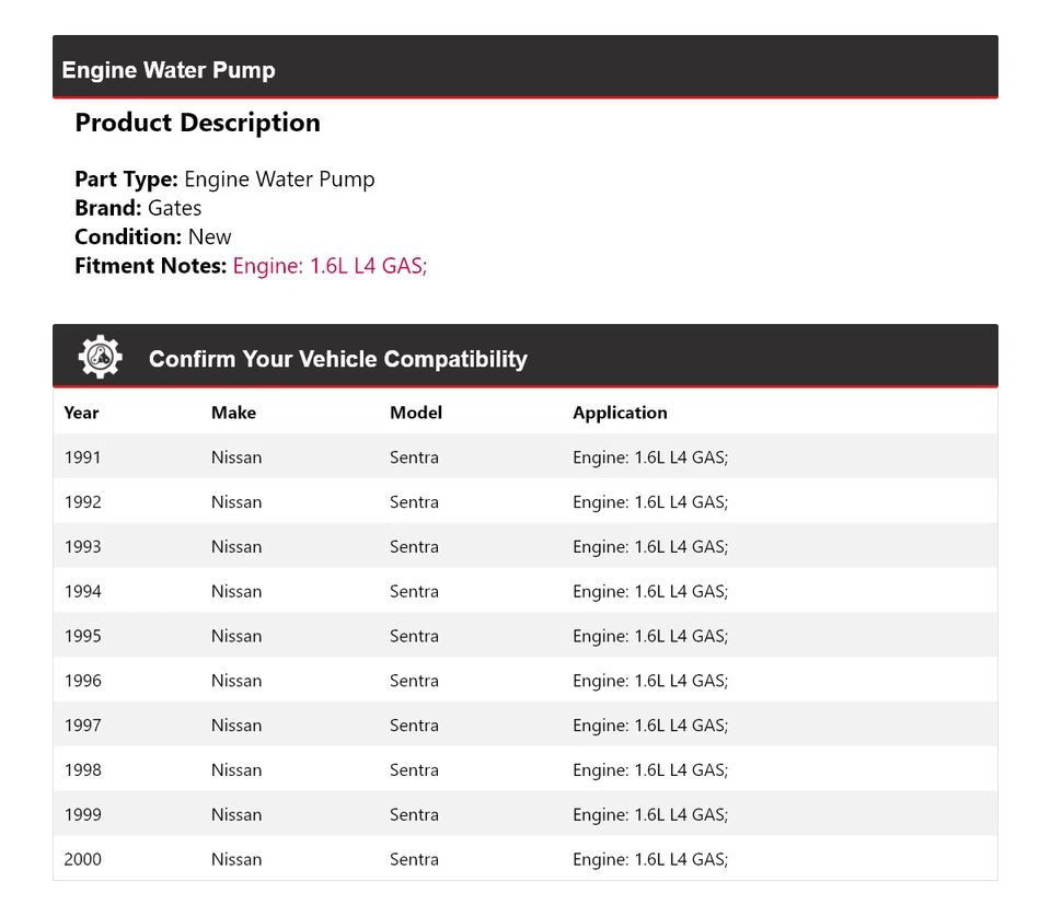 Para Nissan Sentra 1991-2000 1,6 L L4 Motor Gas Bomba Agua Puertas 1992 1993 1994 Foto 2 de 4