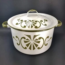 Vtg Enamel Enamelware Stock Pot w Lid Large Avocado Green Deco Stencil Poland
