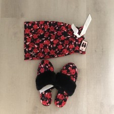 NWT Victoria's Secret Cozy Faux Fur Trim Satin Slide Slipper Floral Medium 7-8
