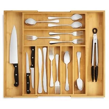 Purawood Large Bamboo Silverware Organizer Expandable 17"x 19.75" Cutlery Tray