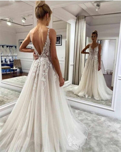 Sleeveless Boho Wedding Dresses Lace Appliqued A Line Sweep Train Bridal Gowns - Picture 3 of 17