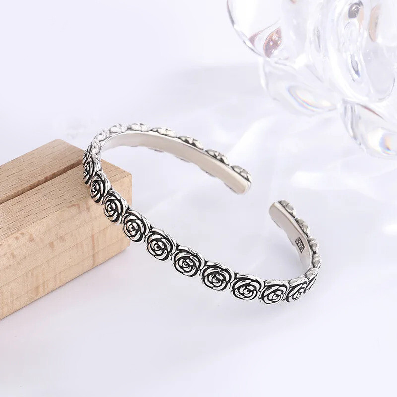 Rose Flower Bangle Bracelet 925 Sterling Silver Bangle Adjustable Bangle