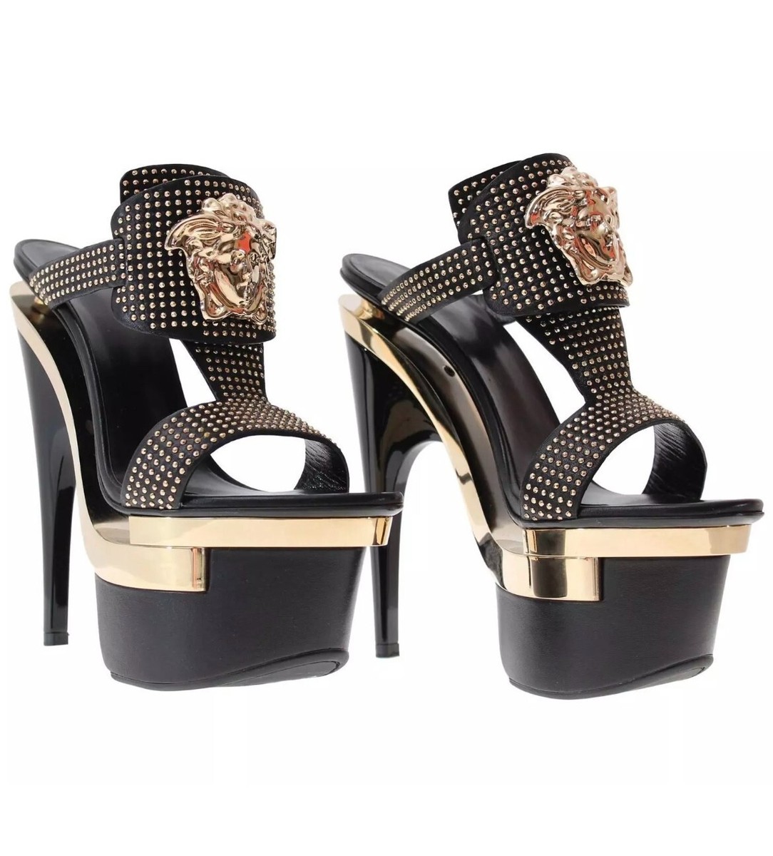 NEW VERSACE BLACK LEATHER TRIPLE PLATFORM STUDDED SANDALS