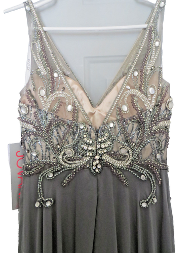 JOVANI ~ Gray Chiffon Embellished Bodice Sleeveless Formal Train Gown 0 NEW $500 - Picture 7 of 11