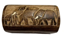 Carved Wooden Three Elephant Treasure Chest Trinket Box Storage From India 7”x5”