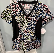 NEW White Cross Trendy Skin Cheetah Print Extra Small XS Womens scrub top