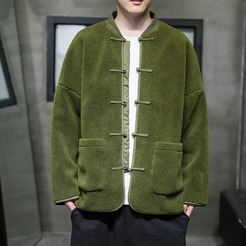 OFF WHITE Tang Suit Stile Cinese Uomo Giacca Lana di Agnello Hanfu Cinese Bottoni Sciolti Cappotti