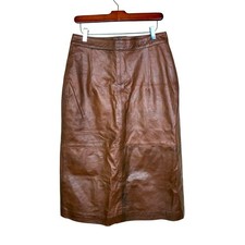 Vintage Genuine Leather Skirt Sz M Midi Brown Minimalist Quiet Luxury Boho Fall
