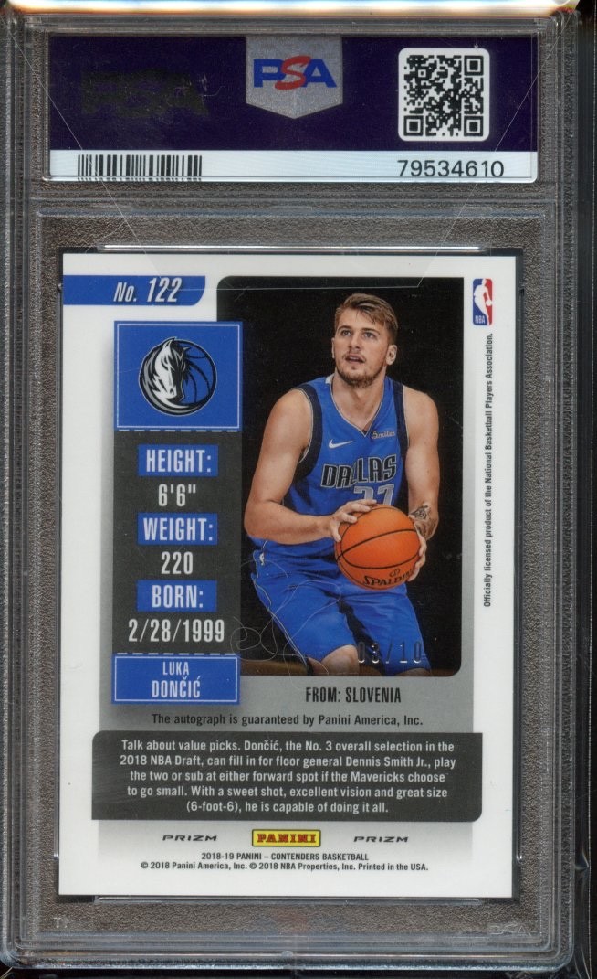 2018 Contenders Luka Doncic - Rookie Ticket Auto - Premium Gold RC /10 - PSA 9  view 2