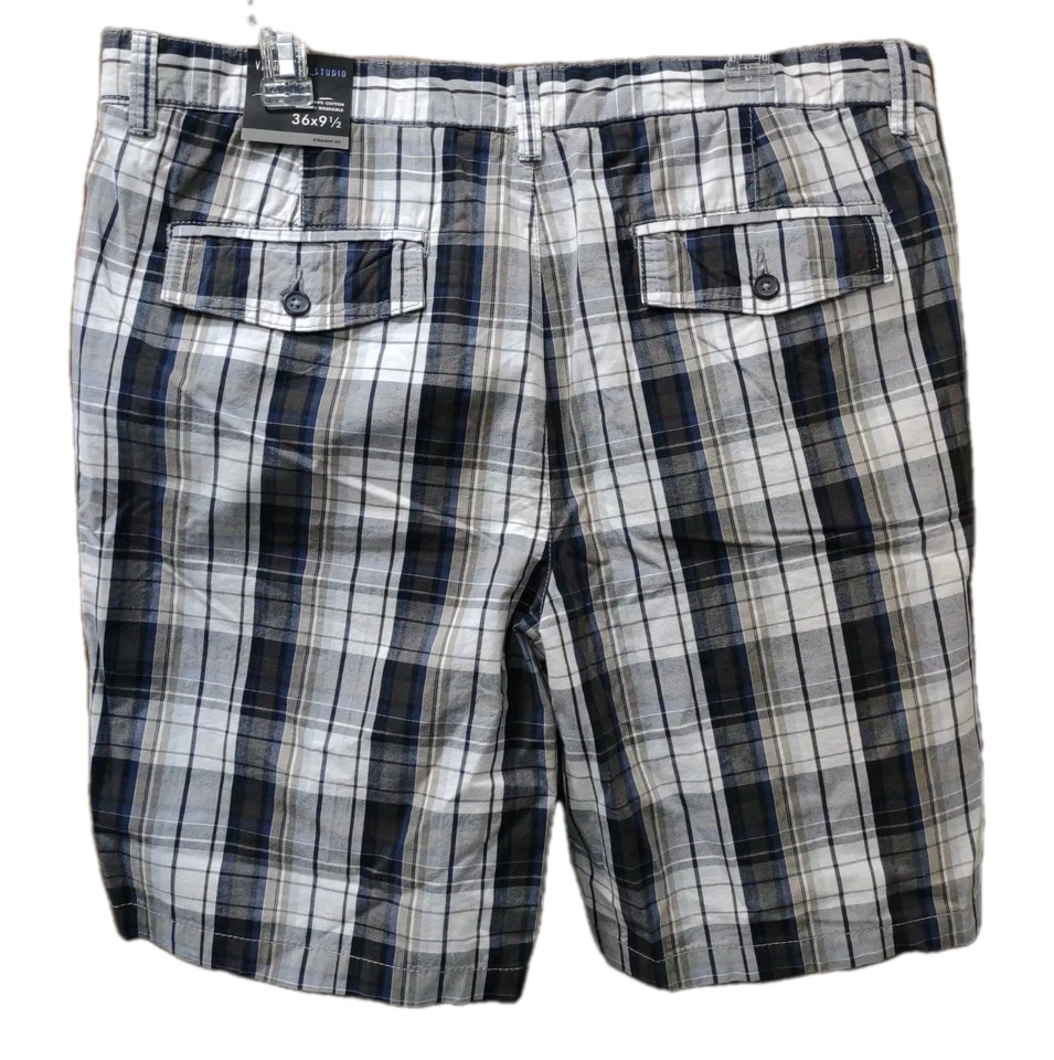 Pantalones Cortos Rectos Van Heusen Studio Para Hombre Azul/Blanco/Negro A Cuadros Talla 38 Entrepierna 9.5 Foto 3 de 4