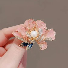 Gold Pink Peony Flower Brooch Pearl Enamel Rhinestone Pin Summer Jewelry Gift
