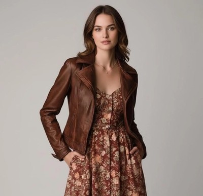 Women's Vintage Cognac Lambskin Leather Jacket Classic Cafe Racer Biker Coat