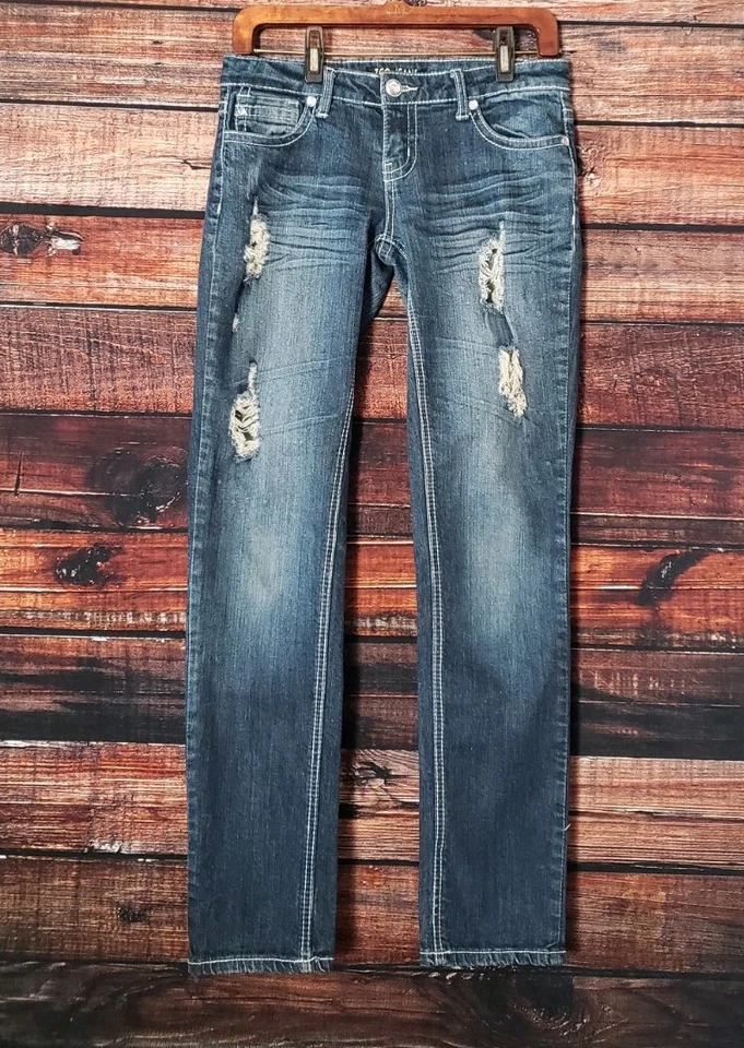 Jeans ZCO Juniors Talla 9 Envejecidos Tiro Bajo Estrás Ajustados Denim Lavado Oscuro  Foto 2 de 4