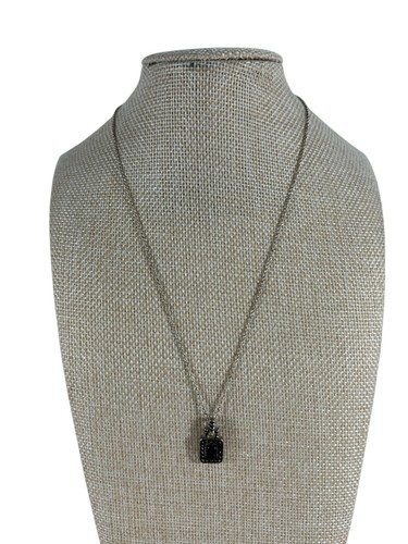 Silver Tone Chain Necklace Black Cabochon Pendant Art Deco Style Classic