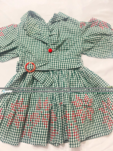 vintaje 18 in Girl Play Doll Dress Green & White Gingham Red Button Cloth 1pc