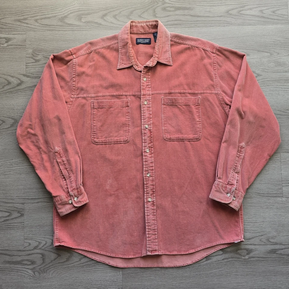 VTG Lands End Shirt Mens L 16-16.5 Corduroy Button Up Double Pocket Salmon USA - Image 2 of 4