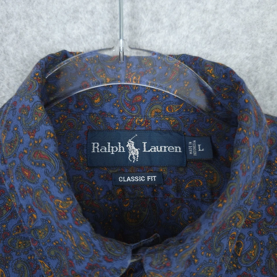 复古 Ralph Lauren 衬衫男式大号蓝色佩斯利长袖纽扣斜纹布 — 第 4/4 张图片