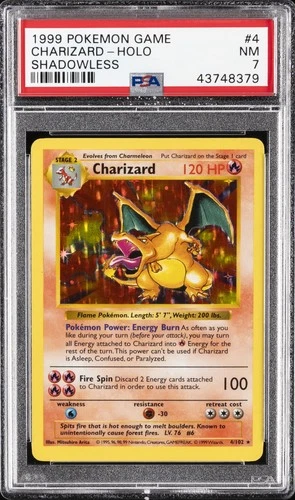 1999 POKEMON GAME SHADOWLESS #4 CHARIZARD-HOLO PSA 7