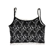 Y2K Just Polly Double Layer Lace Cami Tank XL Black White Sheer Gothic Coquette