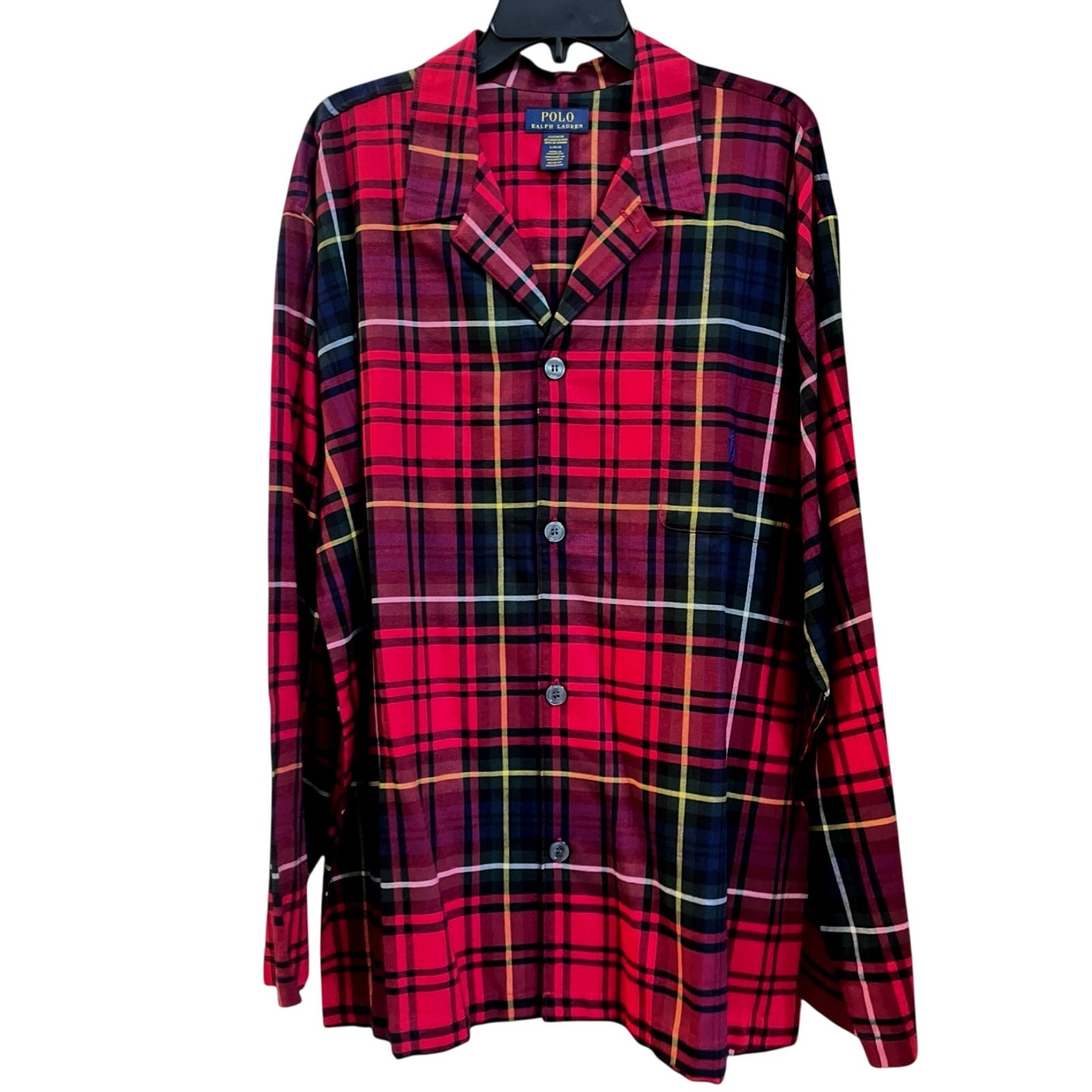 Polo Ralph Lauren Pigiama Camicia Top Blu Pony Uomo L Cotone Rosso Tartan Plaid