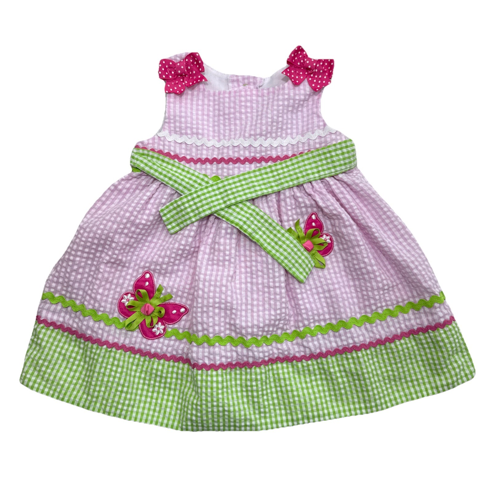 Emily Rose Girls Seersucker Dress Pink Green Butterfly Bow 18M Easter Spring