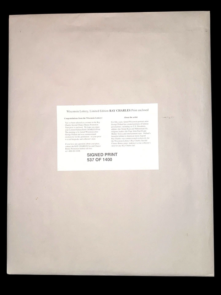 RAY CHARLES IMPRESIÓN FIRMADA POR GEORGE POLLARD PRUEBA DE AUTÓGRAFO #537 DE 1400 NUEVO Foto 3 de 3