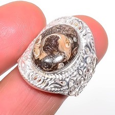 Turritella Fossil Agate Gemstone 925 Sterling Silver Bali Ring s.8 T33