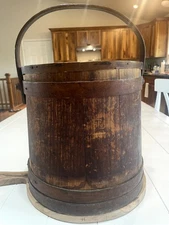 Antique FIRKIN Wooden Sugar Bucket, Finger Bands, Pegged, Bentwood Handle, EUC
