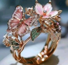 Stunning Butterfly & Flowers Sizable Ring In Pink Enamel And Gold Plated
