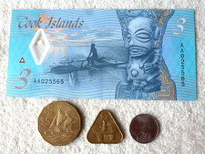 Three Dollars Note + 3 Coins / Cook Islands / Aitutaki, Rarotonga / Tangaroa