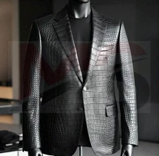 Men's Black Crocodile Embossed Leather Blazer Jacket Slim Fit Luxury Formal Coat