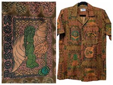 Vintage Andrade Resort Shop Mens Size M Brown Tiki Aloha Postage Button Shirt