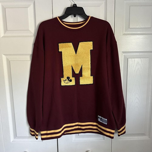 Disney Mickey Mouse Sweatshirt Mens M Maroon Gold Varsity Chenille Crewneck NWT