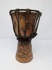 Hand Carved African Djembe Drum 6" Diameter Wood Rope Tuned Tribal Design Turtle