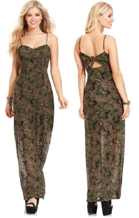 Jessica Simpson Everly Green Camouflage Maxi Dress w Tie Back