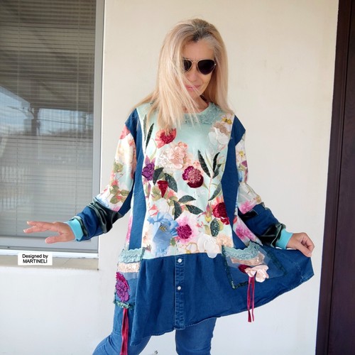 PLUS SIZE DENIM DRESS 3XL LOOSE TURQUOISE SWEATER DRESS BOHO FLORAL SHIRT DRESS - Picture 5 of 13