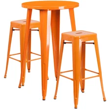 24'' Round Orange Metal Indoor-Outdoor Restaurant Bar Table Set w/2 Barstools