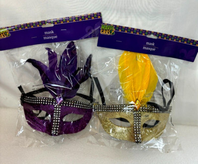 Pair ~ Mardi Gras MASK PURPLE & Gold Feathers Halloween Costume Masquerade Party