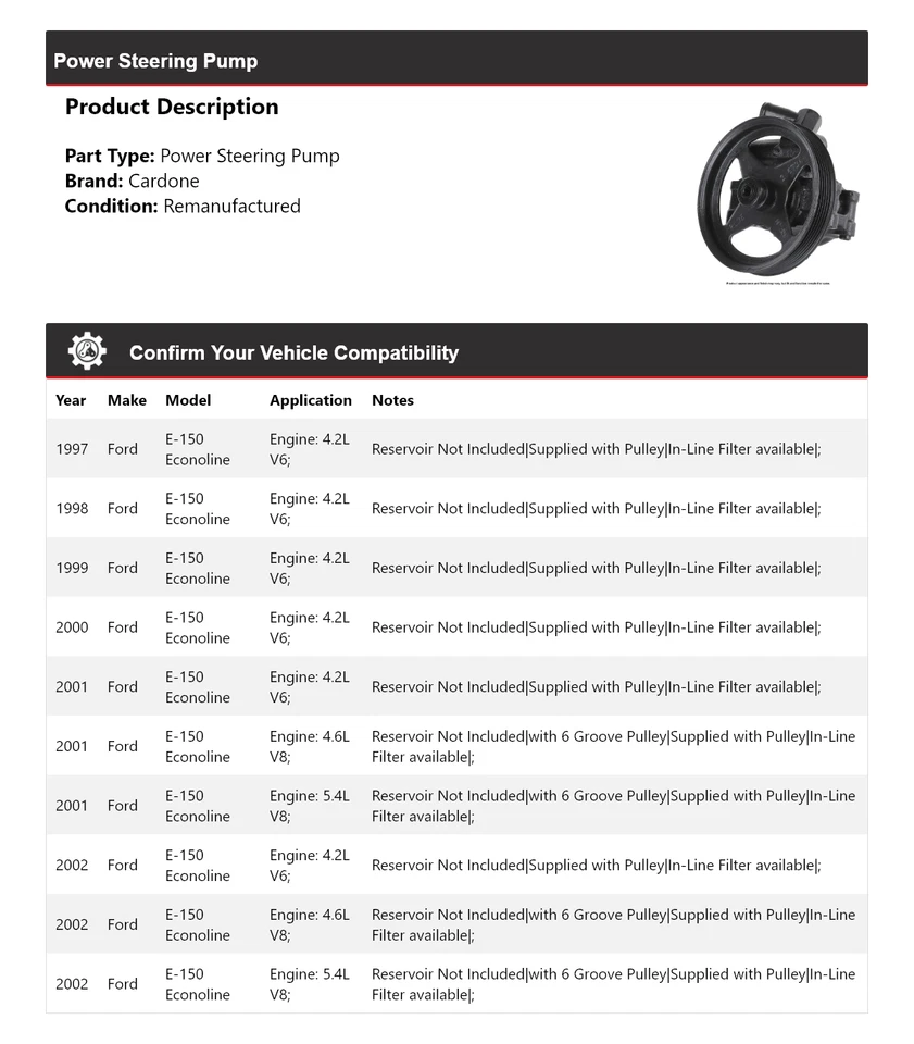 Bomba de dirección asistida Cardone 1998 1999 2000 para Ford E-150 Econoline 1997-2002 Foto 2 de 4