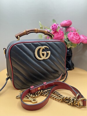 Authentic Gucci GG Marmont Matelassé Bag, Camera Bag Bamboo Top