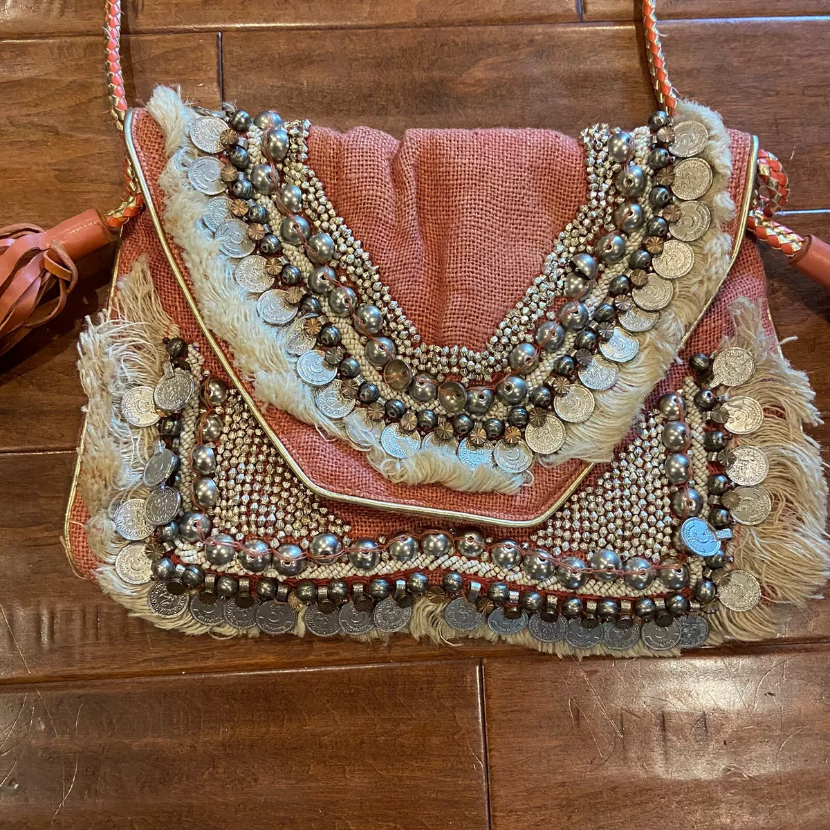 SHASHI LEELA Clutch Crossbody bag Burlap Fabric Coin Embellished